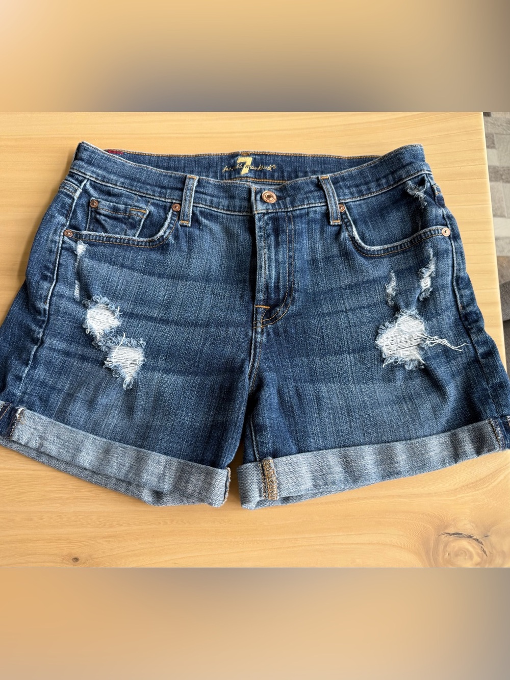 7 For All Mankind Dark Blue Distressed Roll-Cuff Denim Shorts